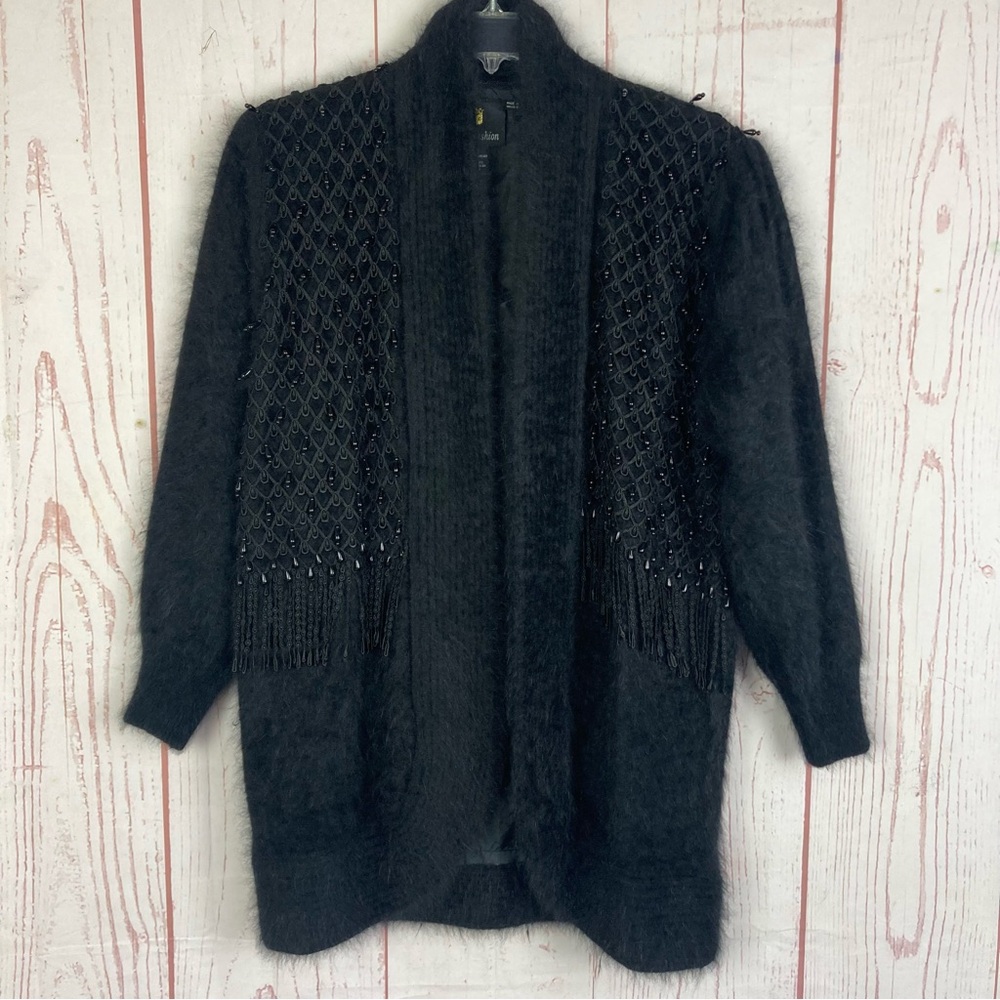 Fully Fashion Free Size Plus 2X Angora Rabbit Blend Cardigan Jacket Beads Fringe